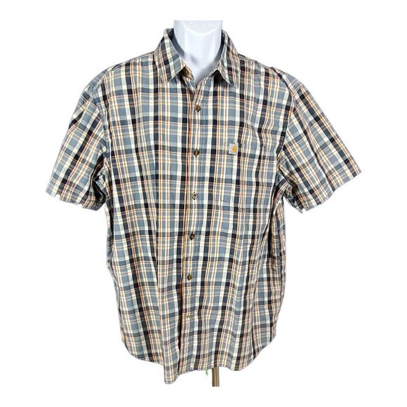 Carhartt Shirt Size XL Gray Blue Short Sleeve Relaxed Fit Button Down Plaid Work - Picture 1 of 8